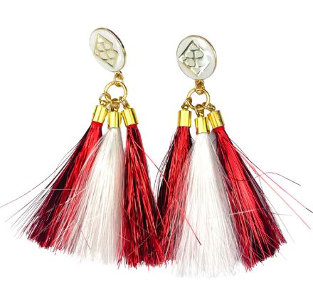 Crimson and White Metallic Jumbo Tassel Earrings