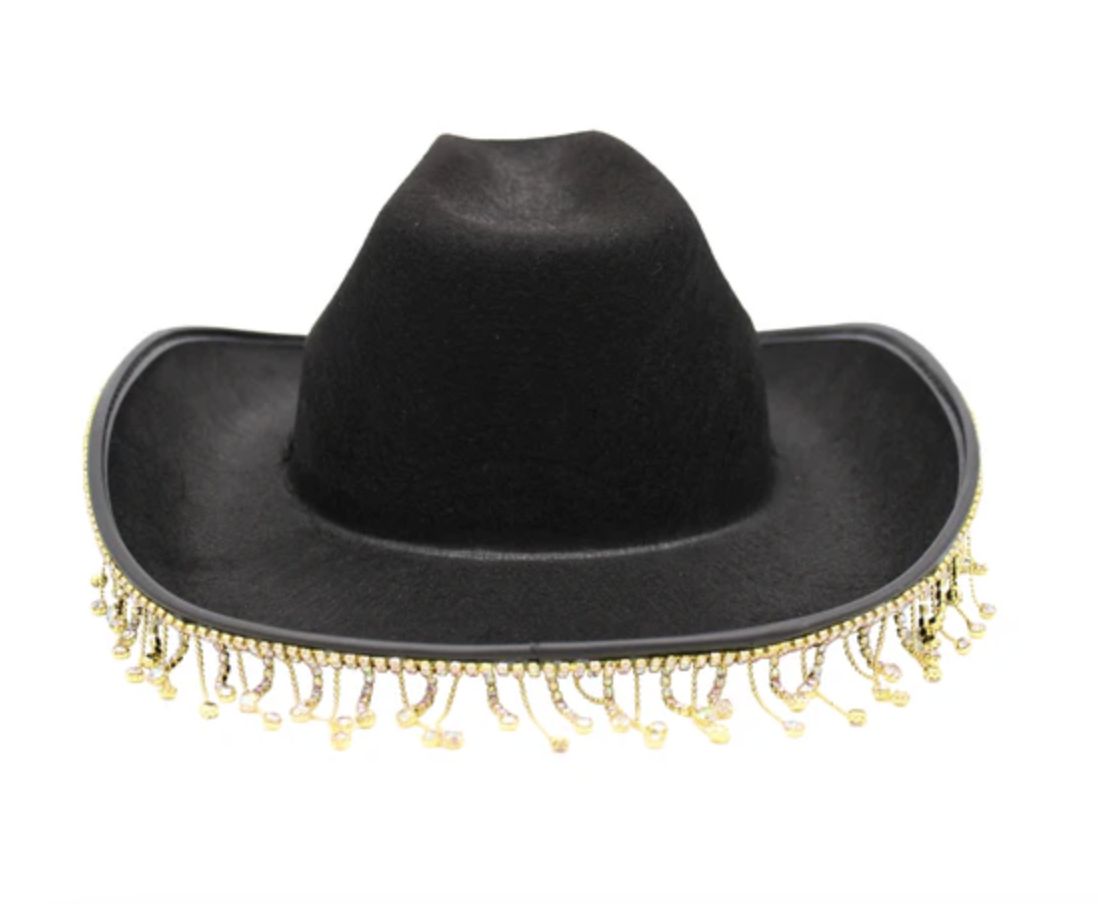 Diamante Tassel Trim Cowboy Hat - Black (Each)