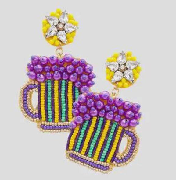 Felt Back Seed Beaded Mardi Gras Beer Dangle Earrings (Pair)