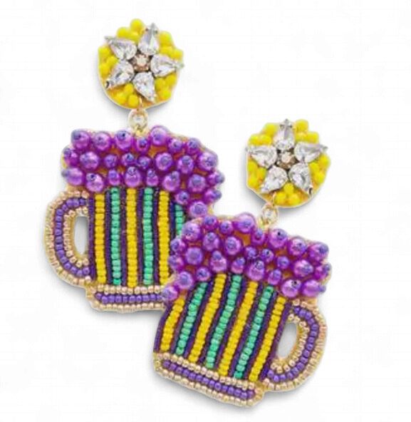 Felt Back Seed Beaded Mardi Gras Beer Dangle Earrings (Pair)