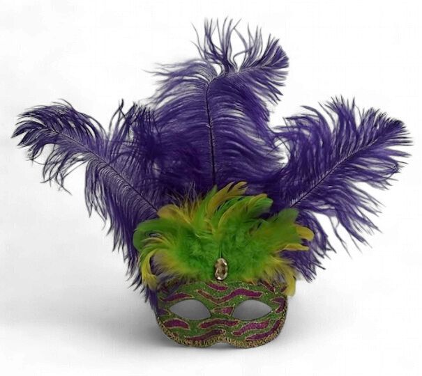 Green and Purple Striped Mask with Purple, Green and Gold Feathers