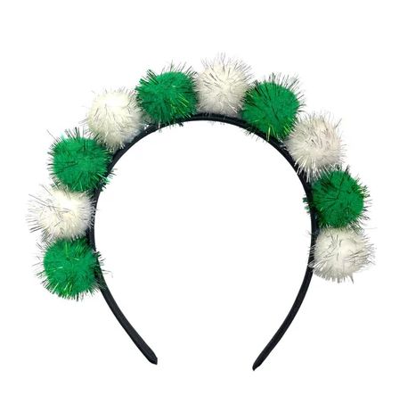 Green and White Tinsel Pom Pom Headband (Each)