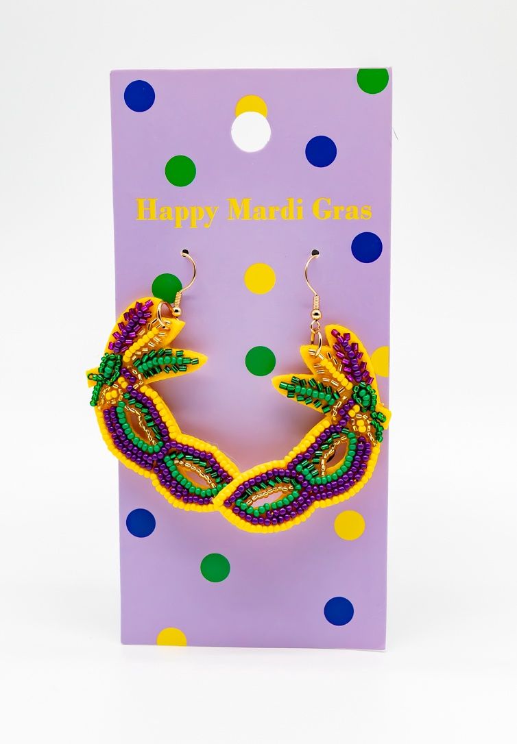 Dangling Mardi Gras Mask Seed Bead Earrings (Pair)