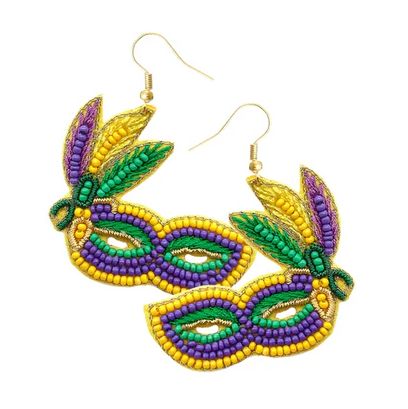 Dangling Mardi Gras Mask Seed Bead Earrings (Pair)
