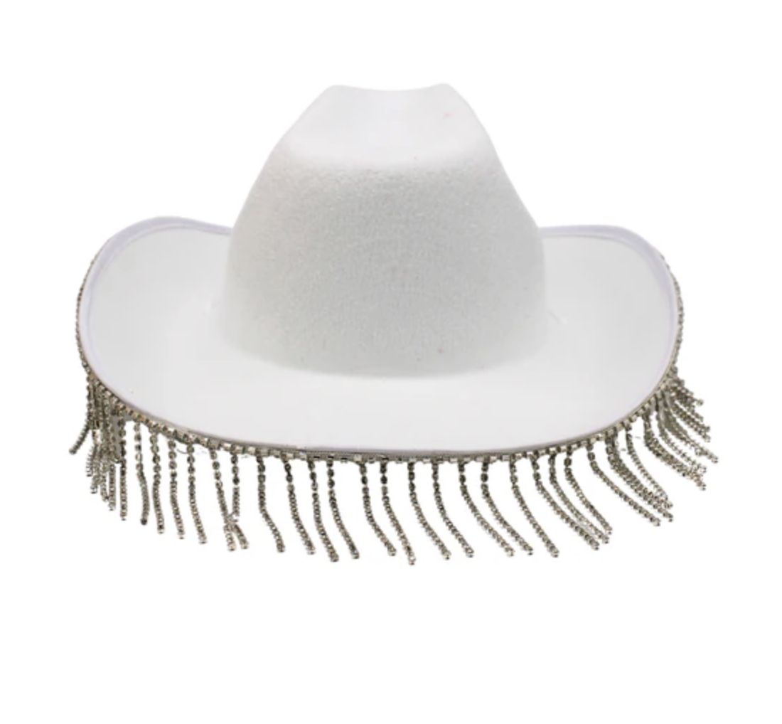 Diamante Tassel Trim Cowboy Hat - White (Each)