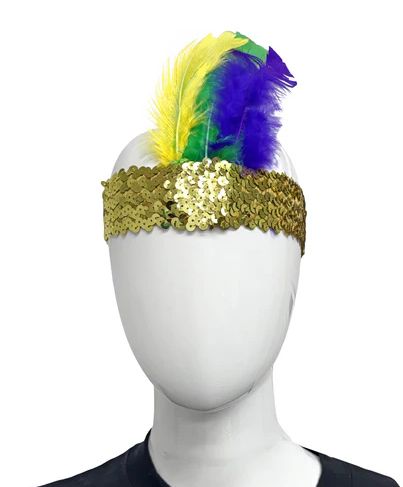Gold Sequin Headband with Purple, Green and Gold Feathers (Each)