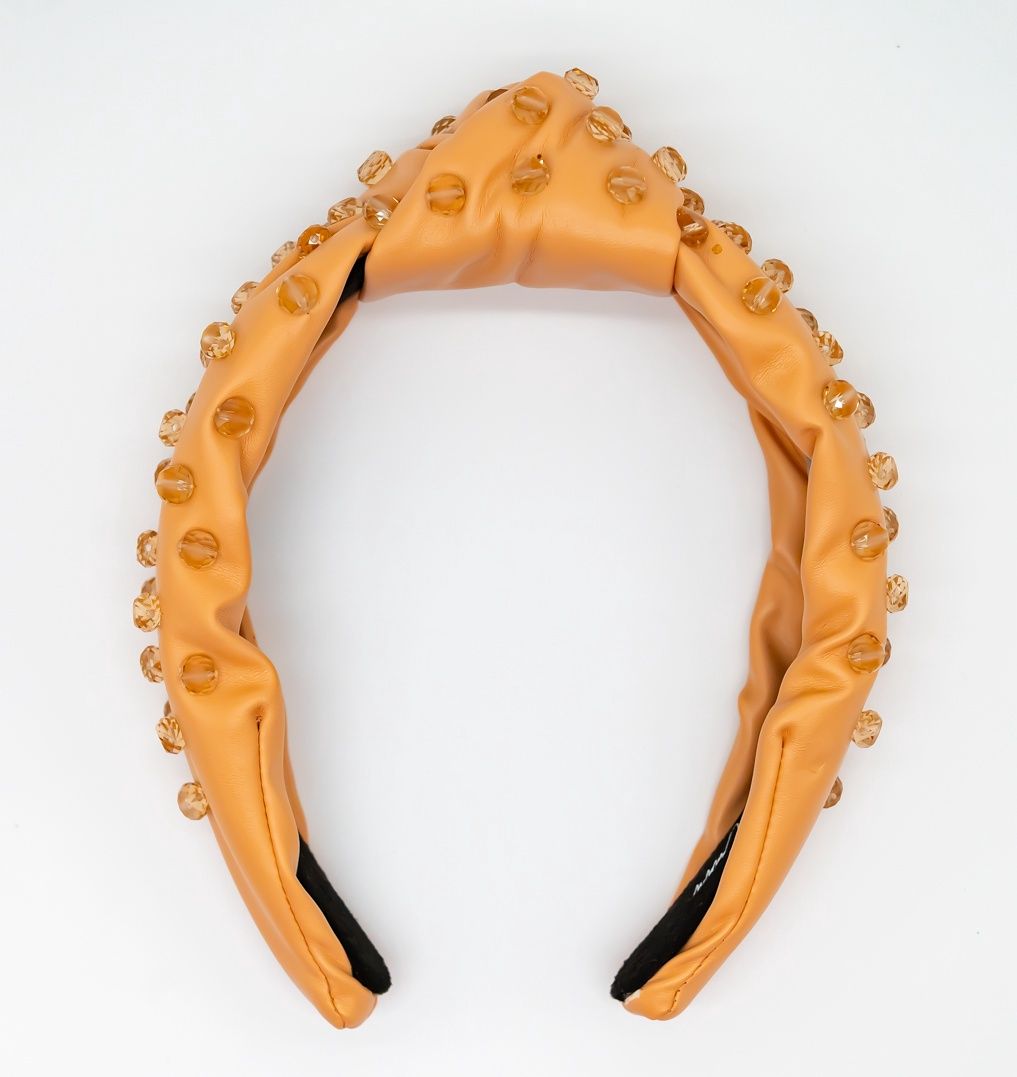 Headband - Nude Vegan Leather with Hand-Sewn Tan Glass Beads