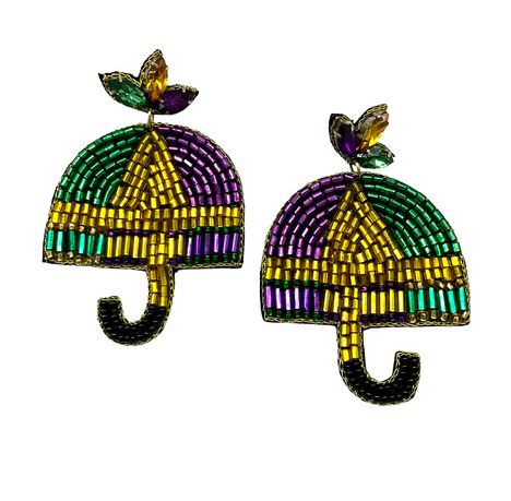 Green, Gold, and Purple Beaded Umbrella Earrings (Pair)