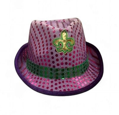 LED Purple and Green Sequin Fedora with Gold Fleur de Lis (Each)