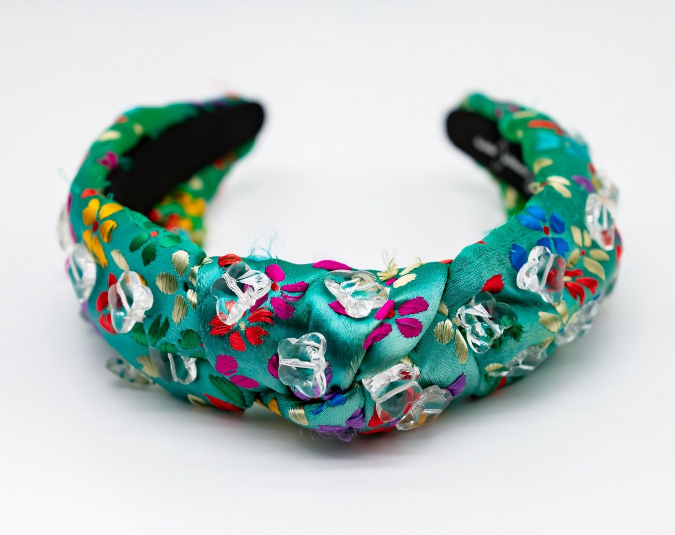 Headband 2022 - Green Silk Headband with Rainbow Flowers and Hand-Sewn Butterfly Crystals