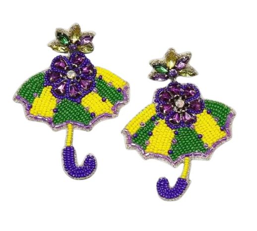 Mardi Gras Umbrella Seed Bead Drop Earrings (Pair)