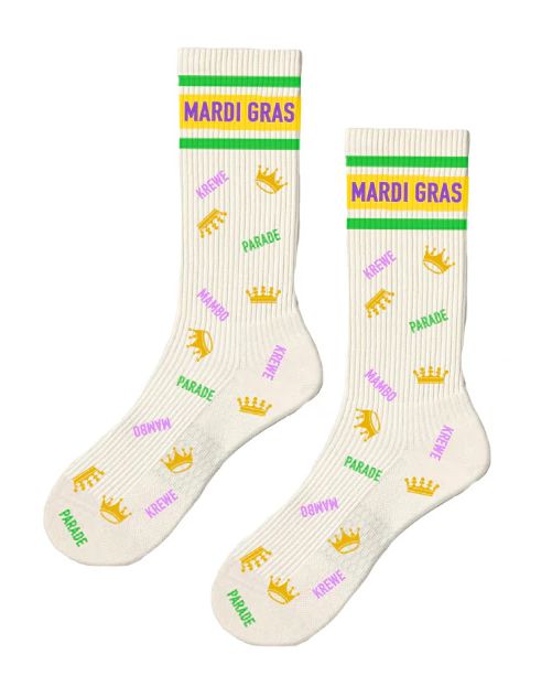 Mardi Gras Ribbed Adult Crew Socks - White