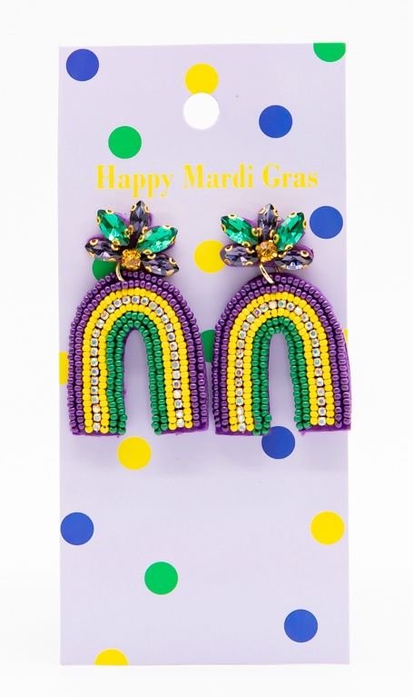 Mardi Gras Rainbow Seed Beaded Earrings with Rhinestones (Pair)