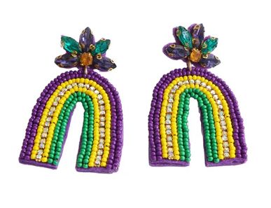 Mardi Gras Rainbow Seed Beaded Earrings with Rhinestones (Pair)