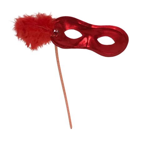 Metallic Red Mask with Red Feathers on Side with Red Handle (Each)