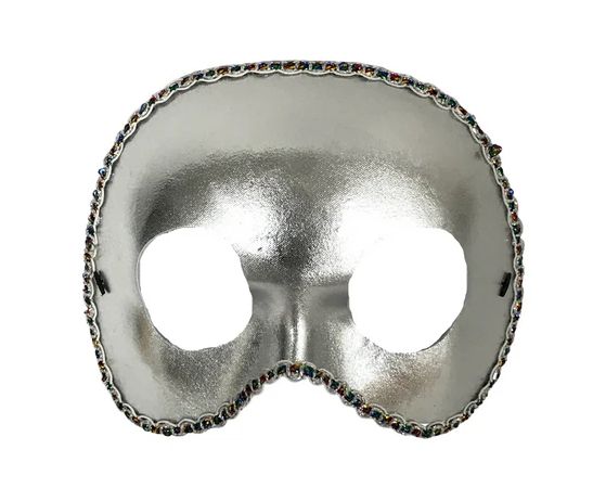 Metallic Silver Half Masquerade Mask with Rainbow Tinseled Crimped Trim and Elastic Band (Each)