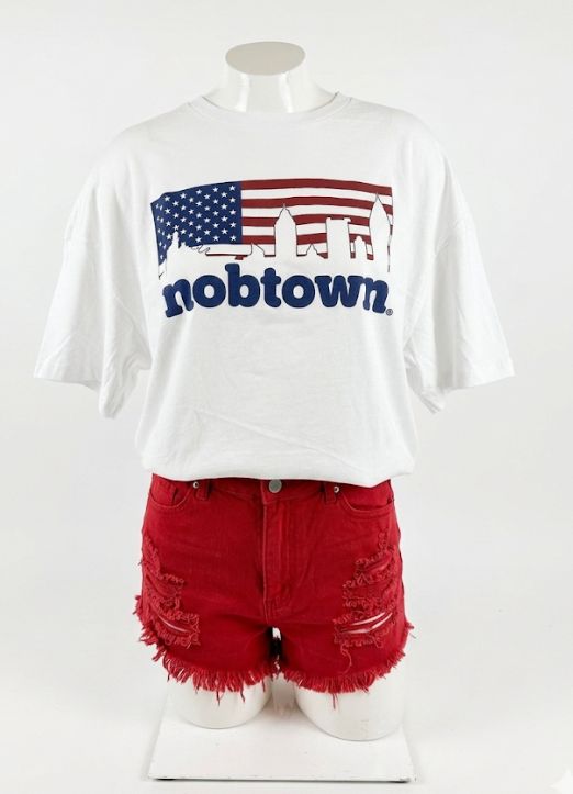 mobtown® skyline American Flag Women's Crop Tee White
