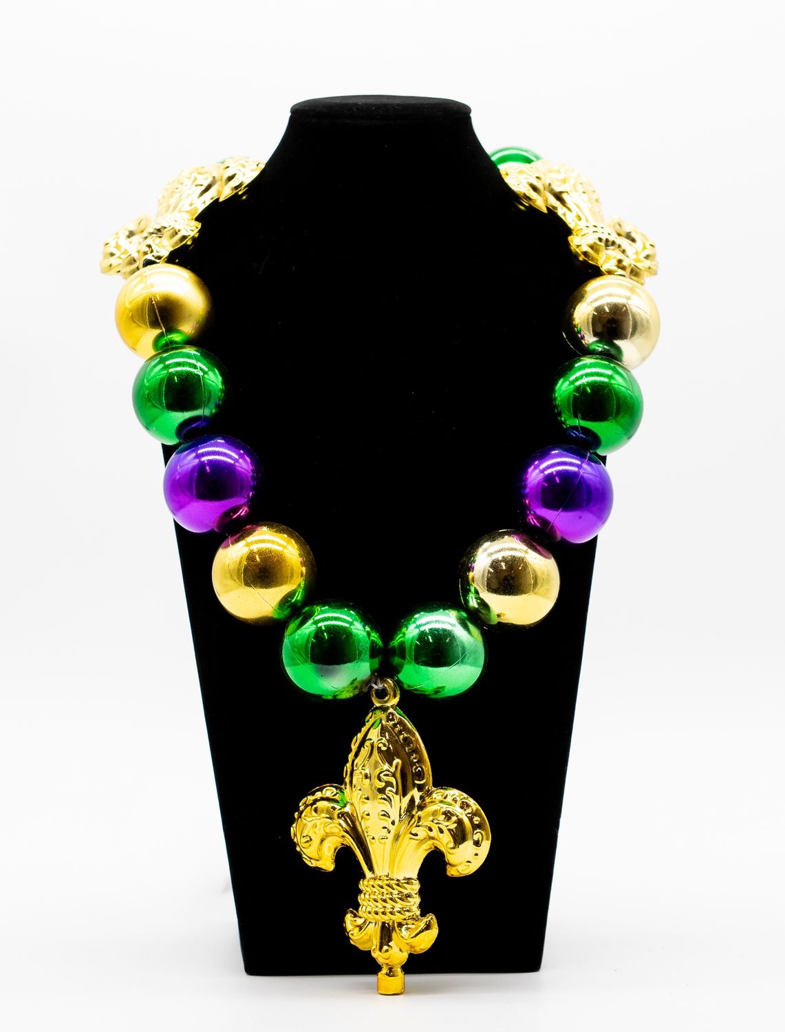 Purple, Green and Gold Big Ball Beads with Fleur de Lis Necklace (Each)