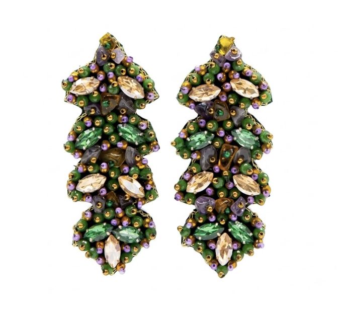 Purple, Green, and Gold Beaded Leafy Earrings (Pair)