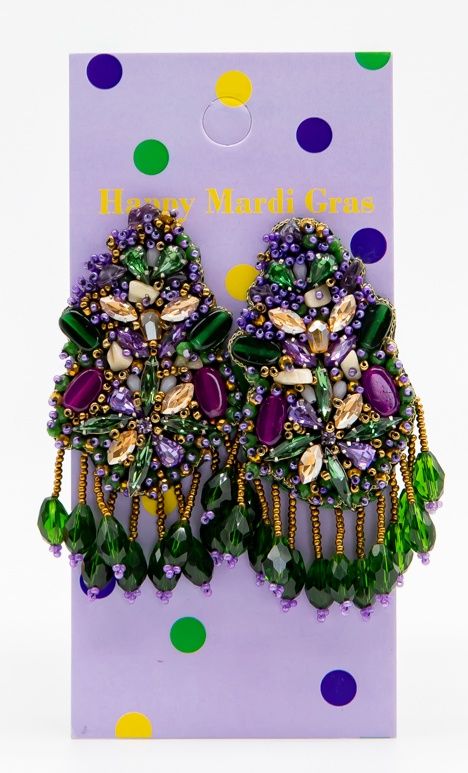 Purple, Green, and Gold Rhinestone Beaded Earrings with Fringe (Pair)