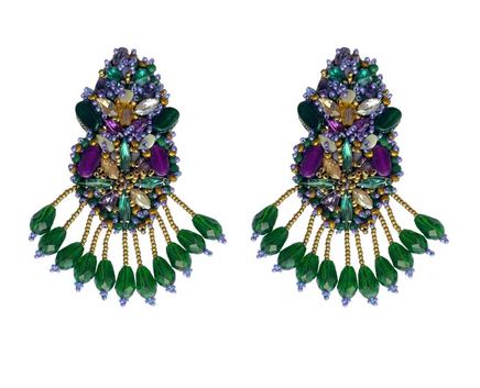 Purple, Green, and Gold Rhinestone Beaded Earrings with Fringe (Pair)