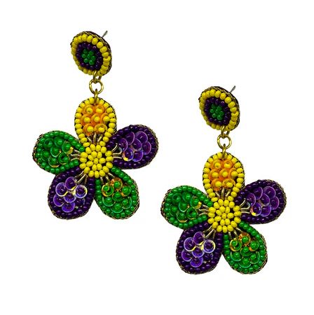 Purple, Green, and Yellow Mardi Gras Flower Earrings (Pair)