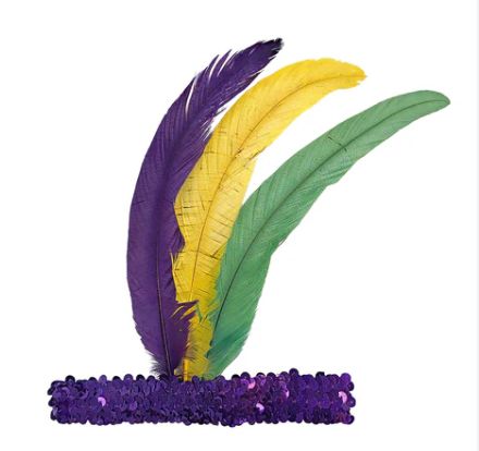 Purple Sequin Headband with Purple, Green and Gold Feather on Side (Each)