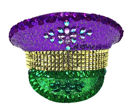 Purple, Gold, and Green Bedazzled Mardi Gras Captain Hat (Each)