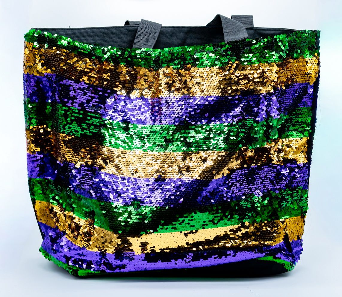 Purple, Green and Gold Mardi Gras Sequin Stripe Tote (Each)