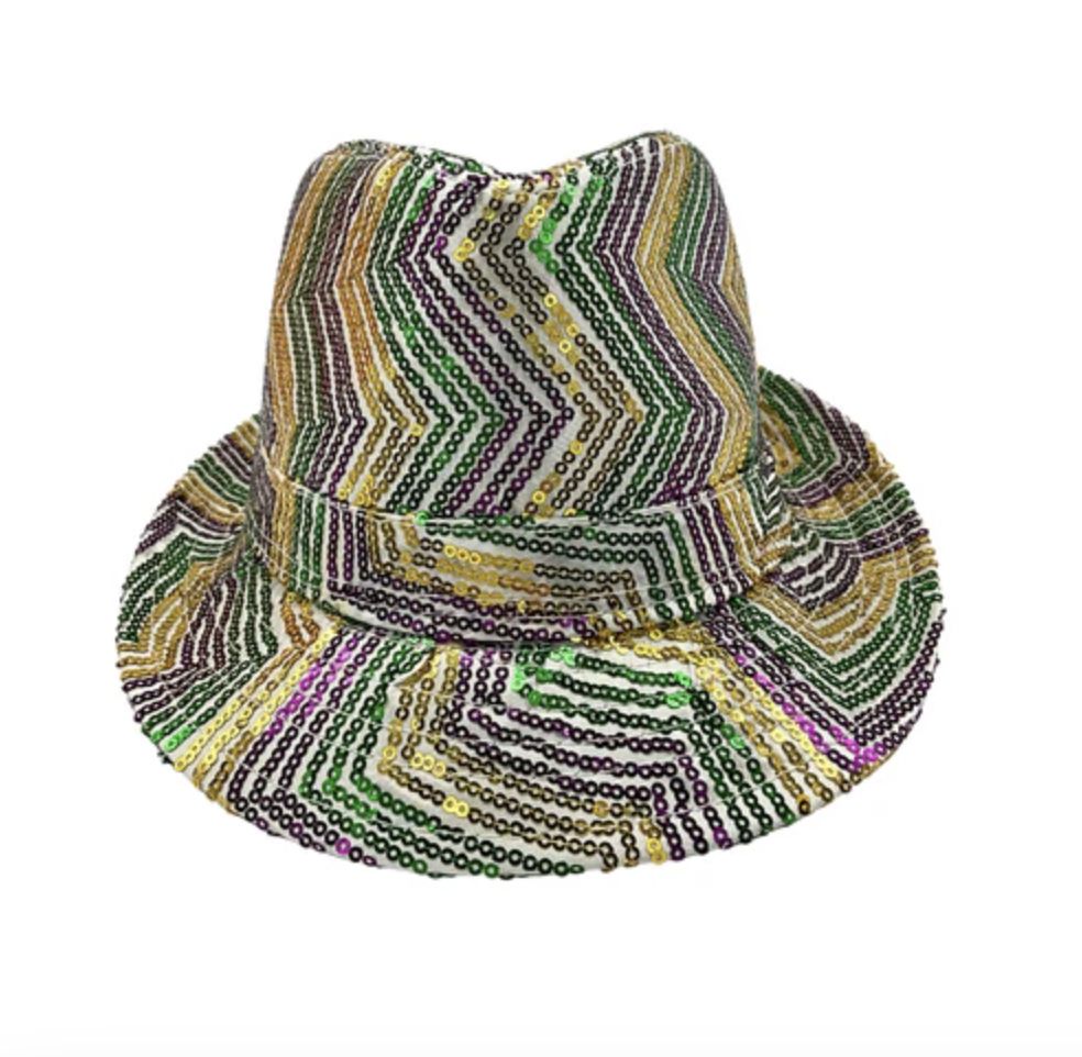 Purple, Green and Gold Sequins Zig Zag Stripes on White Fedora (Each) 24
