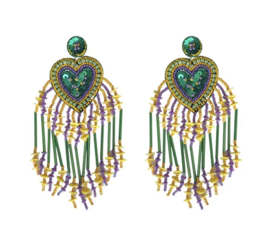 Purple, Green, and Gold Beaded Heart Earrings with Tassels (Pair)