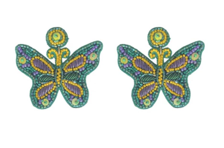 Purple, Green, and Gold Beaded Butterfly Earrings (Pair)