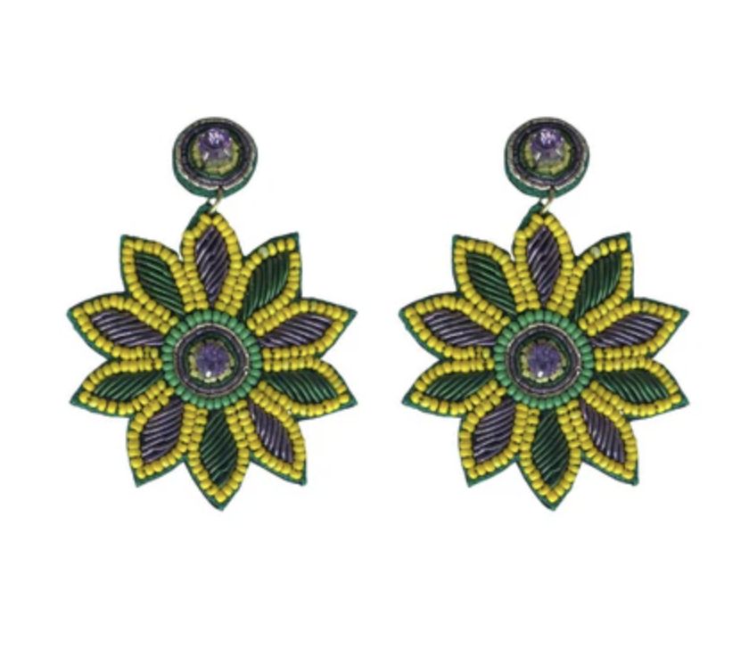 Purple, Green, and Gold Beaded Sunflower Earrings (Pair)