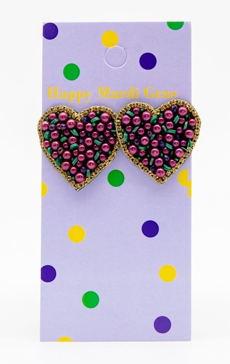 Purple, Green, and Gold Beaded Heart Earrings (Pair)