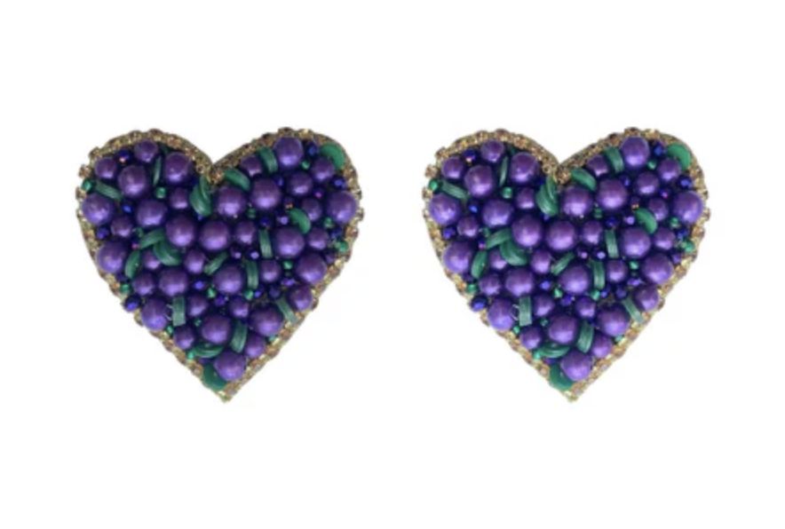 Purple, Green, and Gold Beaded Heart Earrings (Pair)