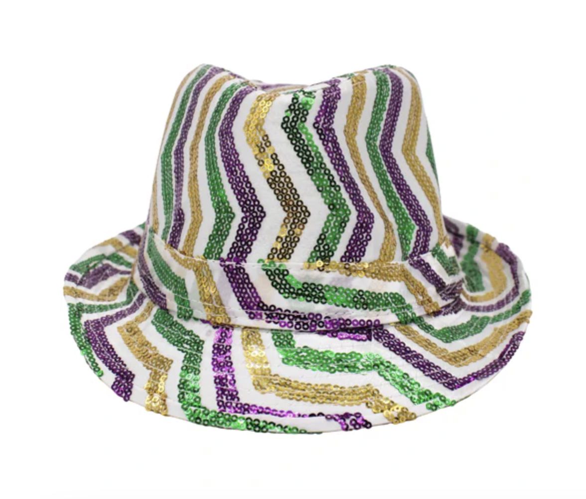 Purple, Green and Gold Sequins Stripes on White Fedora (Each)