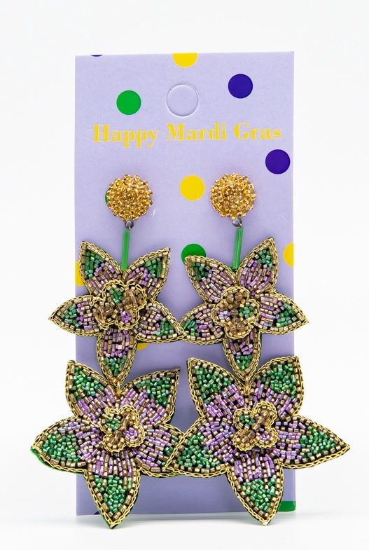 Purple, Green, and Gold Beaded Flowers Dangle Earrings (Pair)