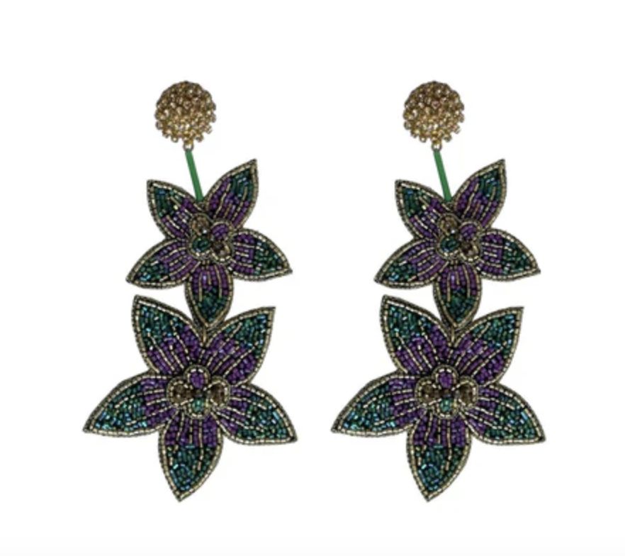 Purple, Green, and Gold Beaded Flowers Dangle Earrings (Pair)