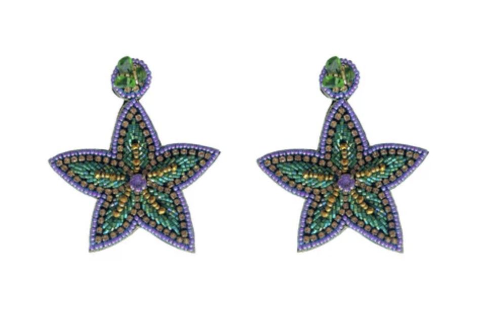 Purple, Green, and Gold Beaded Star Flower Earrings (Pair)