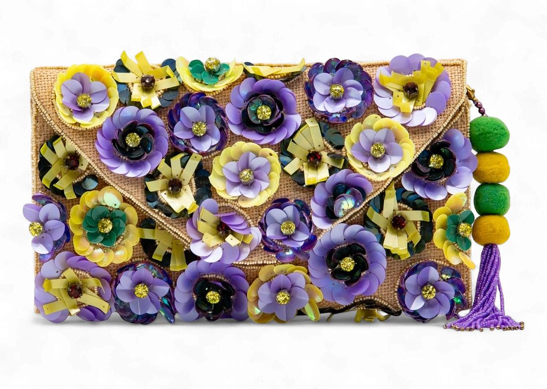 Purple, Green, and Gold Flower Applique Purse (Each)