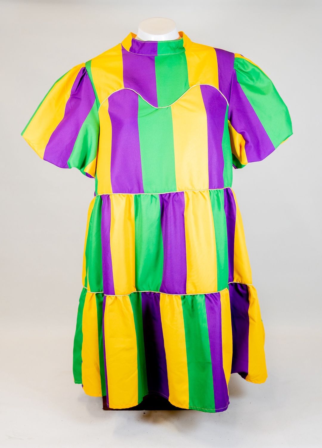 Purple, Green, and Yellow Striped Tiered Dress with Puff Sleeve - Large (Each)