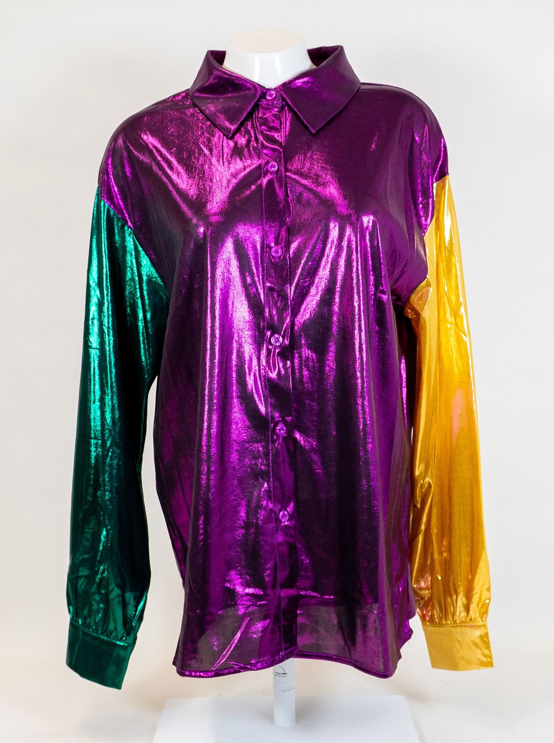 Purple, Yellow, &amp; Green Metallic Silky Long Sleeve Top - Small (Each)