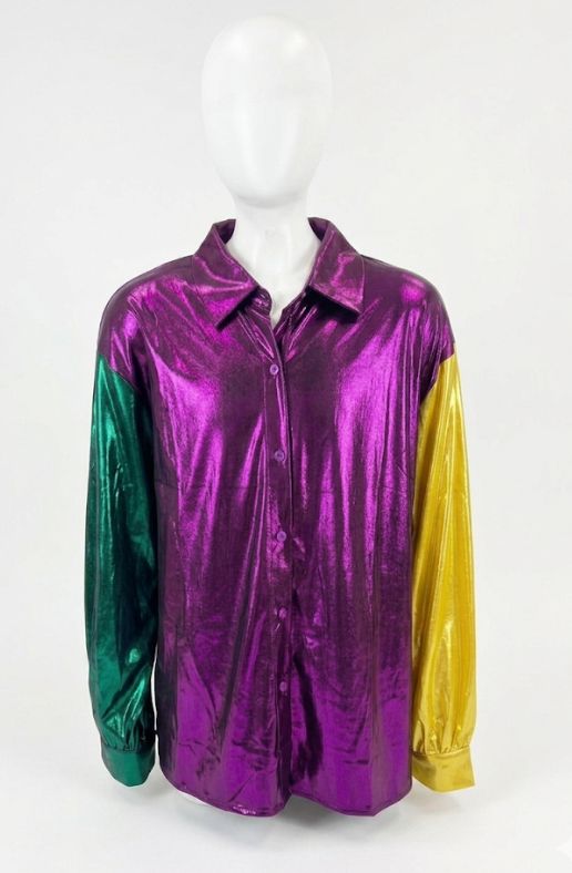 Purple, Yellow, &amp; Green Metallic Silky Long Sleeve Top