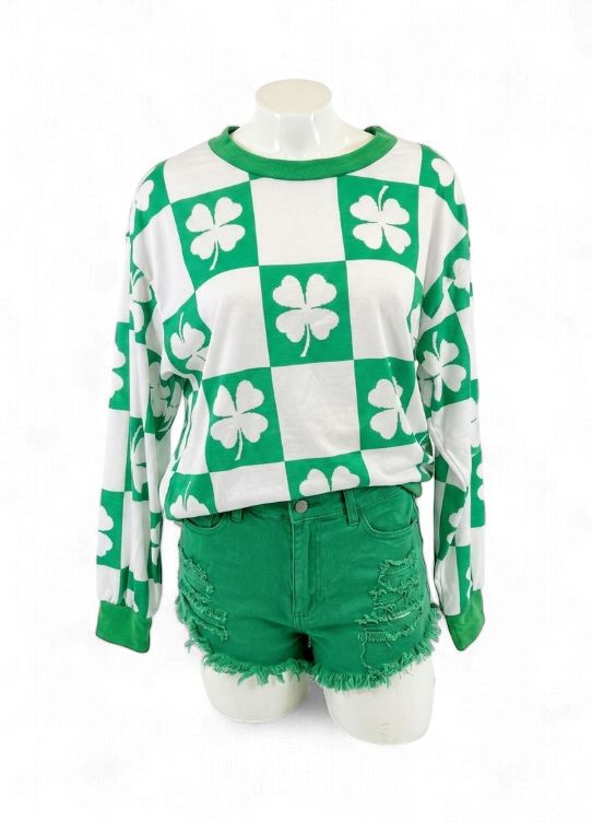 St. Patrick's Clover Checker Print Double Pocket Crewneck Sweatshirt