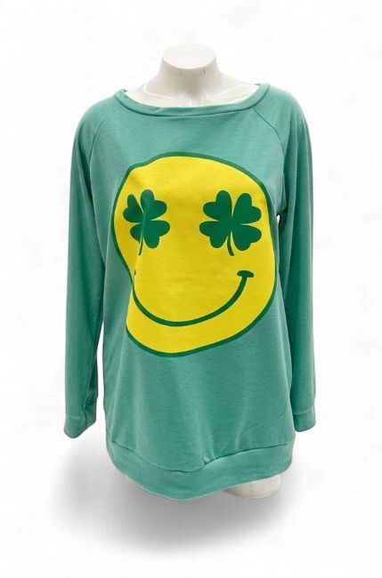 St. Patrick's Smile Face with Clover Graphic Long Sleeve Top