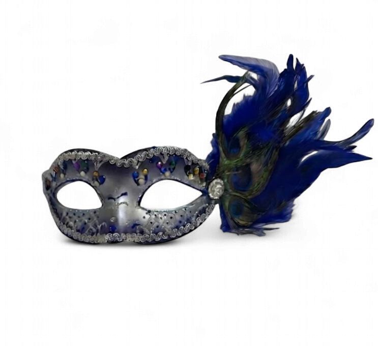 Royal Blue and Silver Mask with Jewels and Royal Blue Feather (Each)