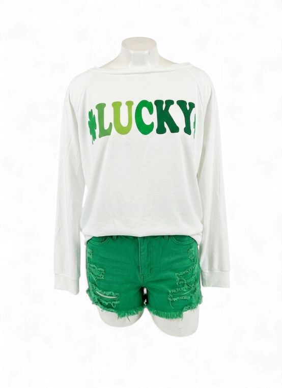 St. Patrick's French Terry Knit Lucky Graphic White Pullover Top