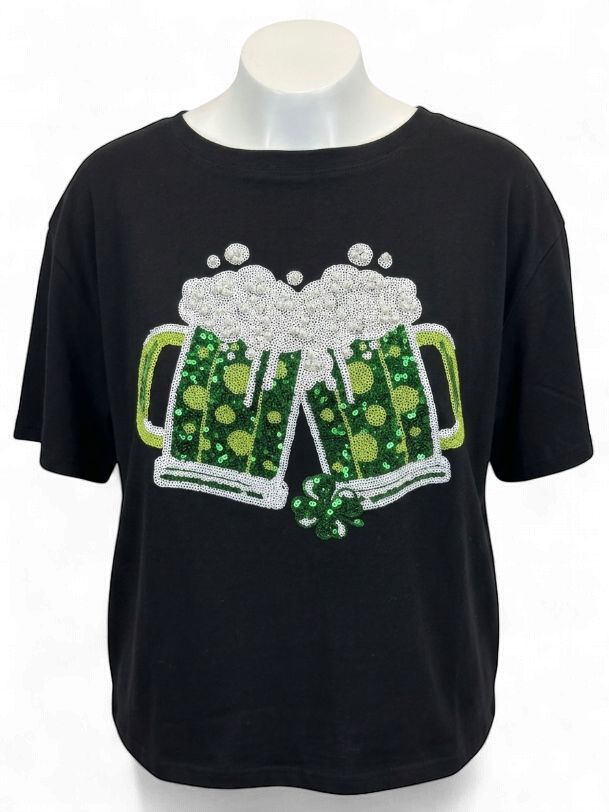 St. Patrick's Sequin Cheers Black Top - Small (Each)