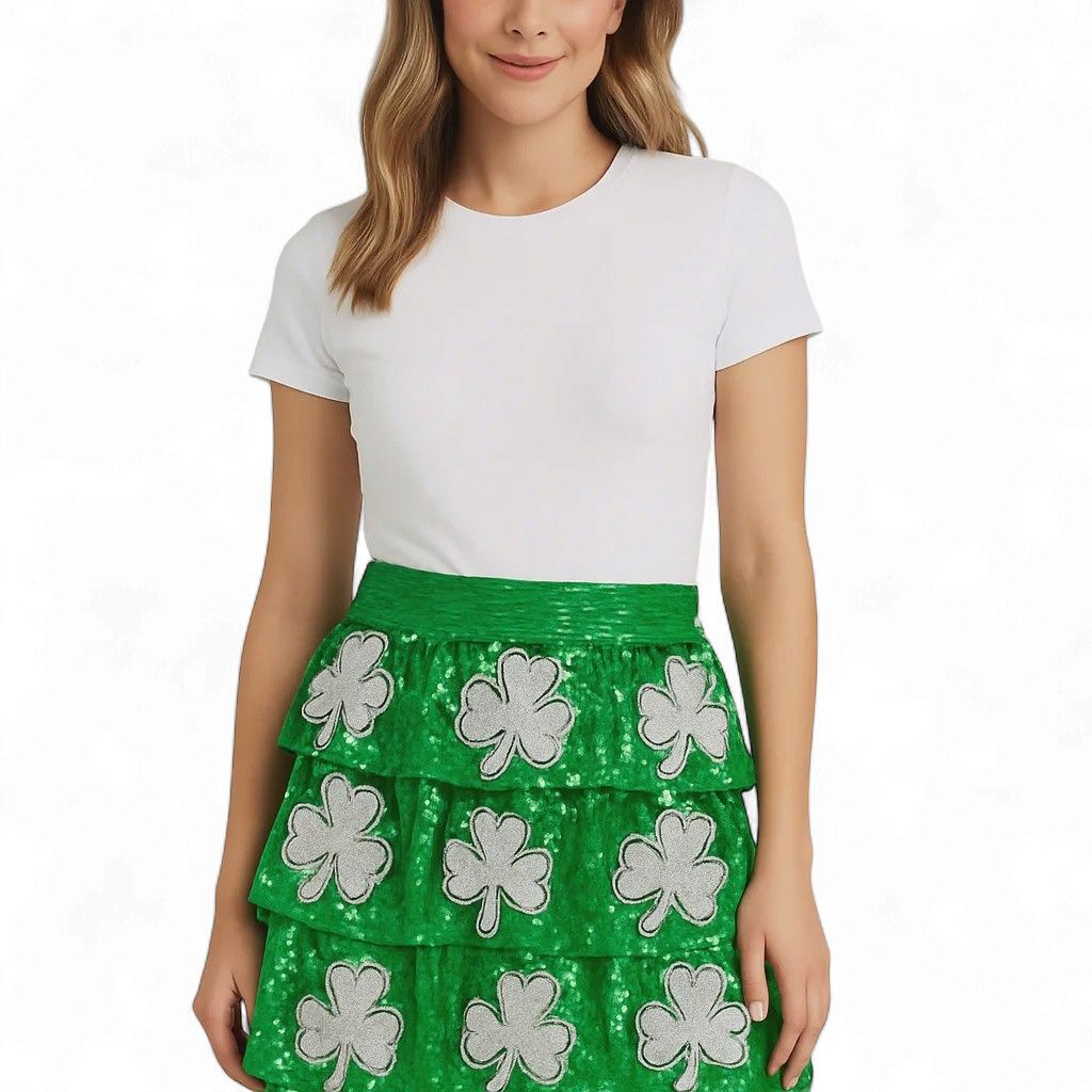 St. Patrick's Sequin Clovers Tiered Green Skirt