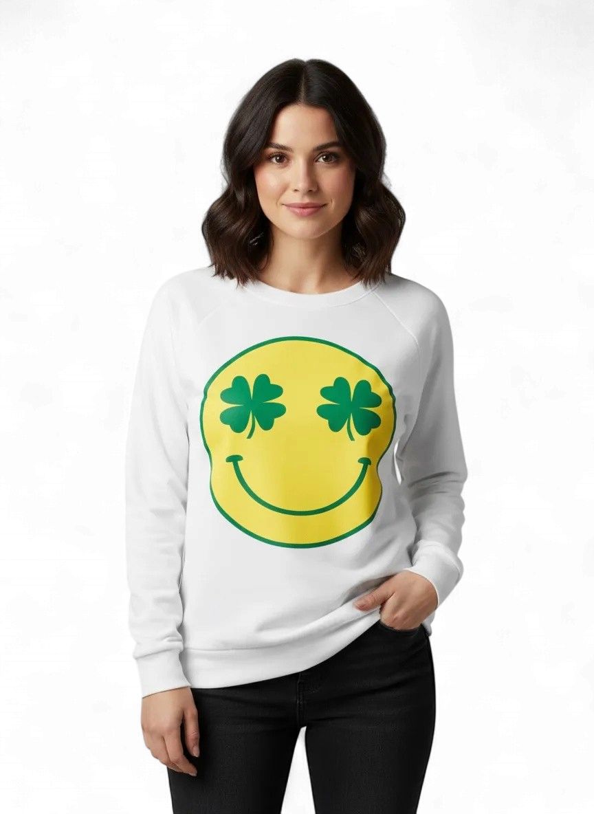 St. Patrick's Smile Face with Clover Graphic Long Sleeve Ivory Top